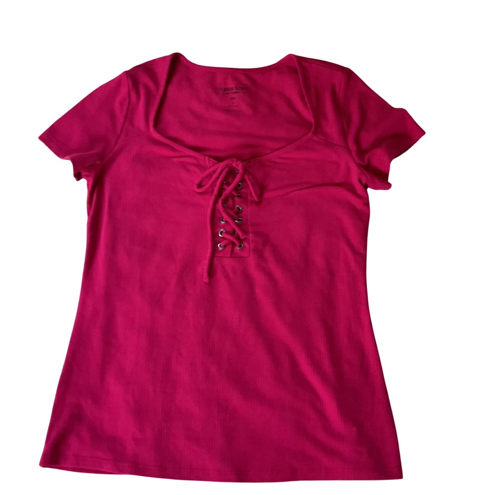 Torrid Super Soft Magenta Pink Ribbed Lace Up Square Neck Top Plus Size 0 L/XL